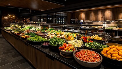 Obraz premium Fresh Salad Bar with Various Vegetables, Fruits, and Toppings