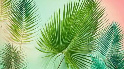 A soft green gradient background bordered by lush palm leaves, creating a serene and tropical frame