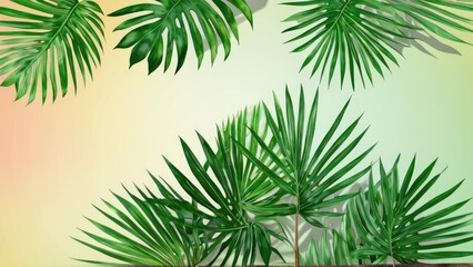 A soft green gradient background bordered by lush palm leaves, creating a serene and tropical frame