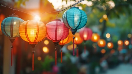 Obraz premium Traditional Indian lanterns in vibrant colors, hanging outdoors, warm evening glow