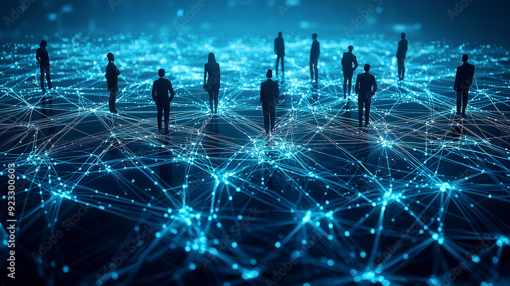 Poster a group of business professionals from various industries standing on a giant, interconnected networ