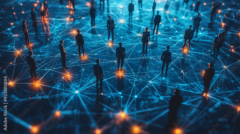 Poster a group of business professionals from various industries standing on a giant, interconnected networ