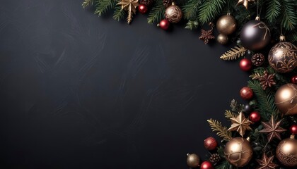 dark christmas decoration background with copy space as greetings card, ai