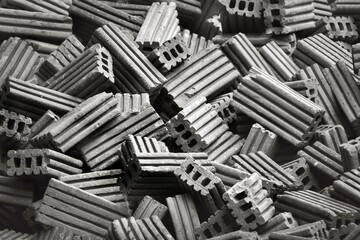 A pile of bricks is shown in black and white. The bricks are stacked in various sizes and shapes, creating a sense of depth and texture. The image conveys a feeling of chaos and disarray