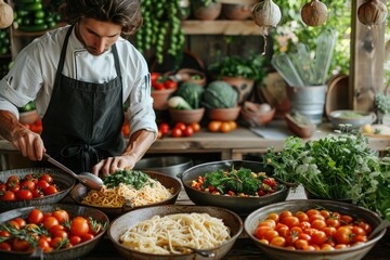 Obraz premium A chef is preparing fresh pasta and an assortment of colorful vegetables in a rustic kitchen, capturing the essence of culinary craftsmanship and creativity in a natural setting.