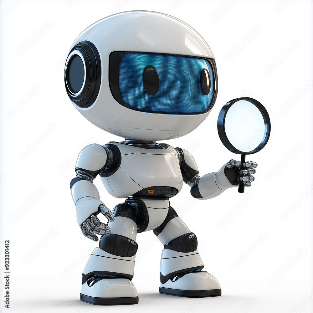Poster another image of a 3d robot holding a magnifying glass, this time with a simpler, cleaner design, pe