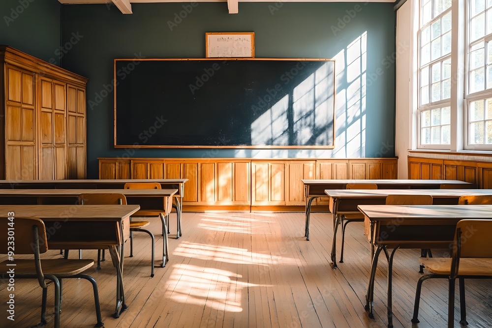 Poster sunlight streams through classroom windows, illuminating empty wooden desks and chairs