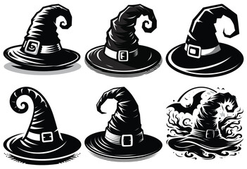 Collection of black and white witch hats with detailed elements, perfect for Halloween decor
