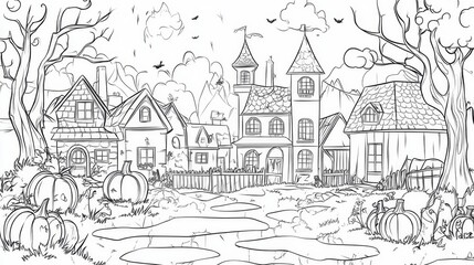 Obraz premium Spooky Halloween Village Coloring Page, playful , featuring simple outlines and shapes, designed for adults to enjoy a creative and relaxing coloring experience.