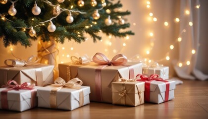 merry christmas background with a close-up of beautifully wrapped gifts under a decorated tree, soft fairy lights in the background, ai