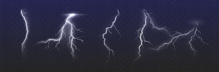 Set of the isolated realistic lightnings with transparency for design. Thunder-storm and lightnings. Magic and bright lighting effects. Natural effects