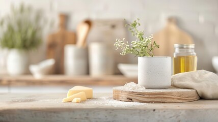 Rustic kitchen scene with wooden podium and background, featuring a food product on a marble-topped pedestal with white light.