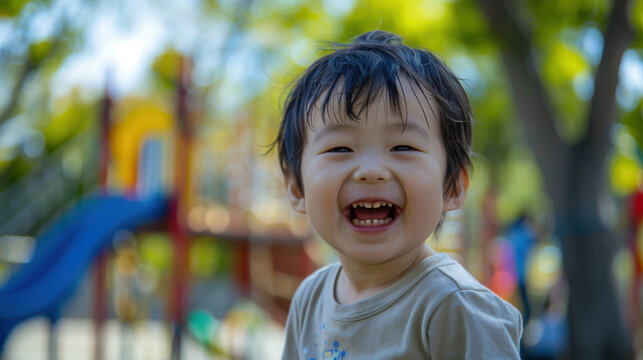 A candid photograph of a child laughing while playing in a park, the joy of the moment captured in their eyes.