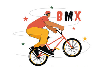 Fototapeta premium BMX Bicycle Sport Vector Illustration featuring a Man Performing Extreme Stunts, such as Jumping or Standing, in a Flat Style Cartoon Background
