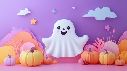 Obraz premium A cute sheet ghost with pastel colors, colorful paper sculpture. 3D paper cutout art style
