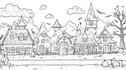 Obraz premium Spooky Halloween Village Coloring Page for Adults, whimsical, featuring clean outlines and simple shapes, perfect for a fun and creative coloring experience.