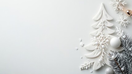 Whimsical Christmas scene with white felt tree, snowflakes, and confetti.