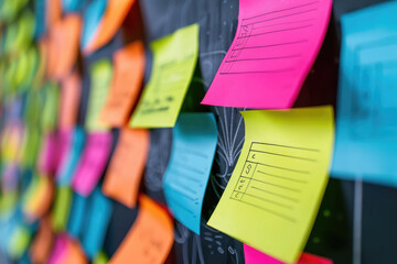A wall covered in colorful sticky notes with various words