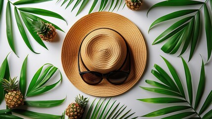 summer travel vacation concept top view female straw beach hat sunglasses pineapple palm leaf on white background.