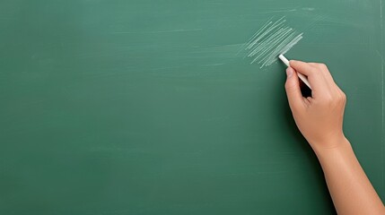 Close-up of a hand holding chalk, writing on a blank green chalkboard, ready for lessons, education, or teaching concepts.