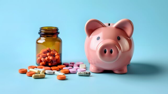 Piggy bank medicine pills, healthcare costs medical expenses finance budget insurance