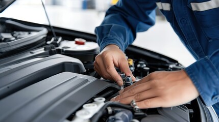 Close-up of a mechanic&rsquo;s hands fixing a car engine in a garage, highlighting automotive repair, maintenance, and technical skills.