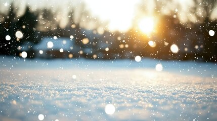 Naklejka premium A serene winter scene with falling snowflakes and warm sunlight illuminating the landscape, creating a magical atmosphere.