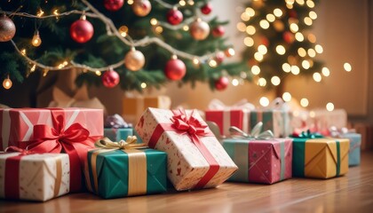 Obraz premium merry christmas background with a close-up of beautifully wrapped gifts under a decorated tree, soft fairy lights in the background, copy space above, high detail, vibrant color, ai