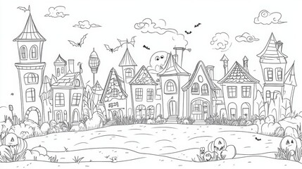 Obraz premium Spooky Halloween Village Coloring Page featuring playful cartoonish elements, whimsical outlines, and engaging designs for adults, perfect for creative relaxation and fun.