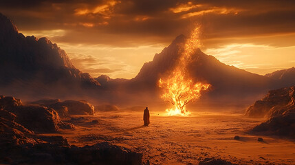 dramatic scene of moses facing the miraculous burning bush amidst a desolate desert landscape