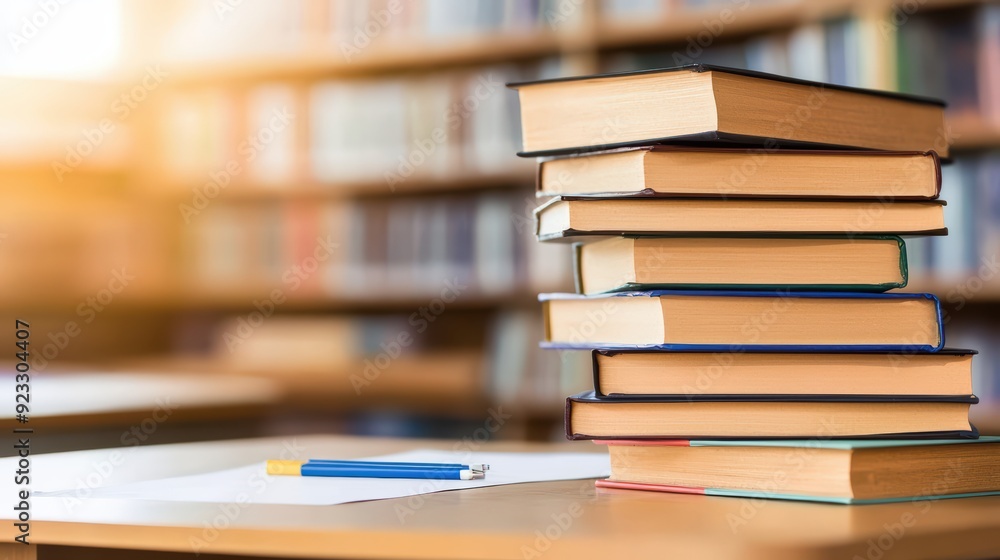 Aufkleber a stack of books on a wooden table in a cozy library, illuminated by warm sunlight, creating an invi