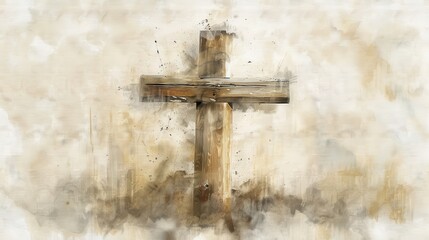 Simple Cross Made from Weathered Wood, Christian Theme, Beige Background and Copyspace