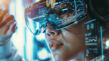 A close-up of a person wearing augmented reality glasses, interacting with virtual elements in the real world.