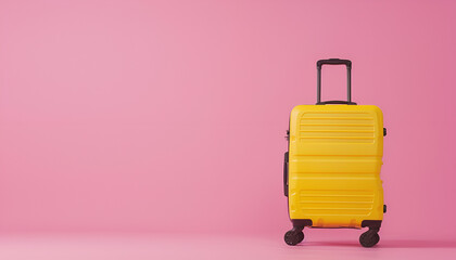 Fototapeta premium One new yellow suitcase on pink background, space for text