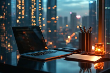 An executive desk setup showcases a high-end laptop, a luxury pen, and a closed planner against the backdrop of a vibrant, illuminated city