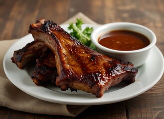 Delicious BBQ ribs glazed with sauce served on a slate platter