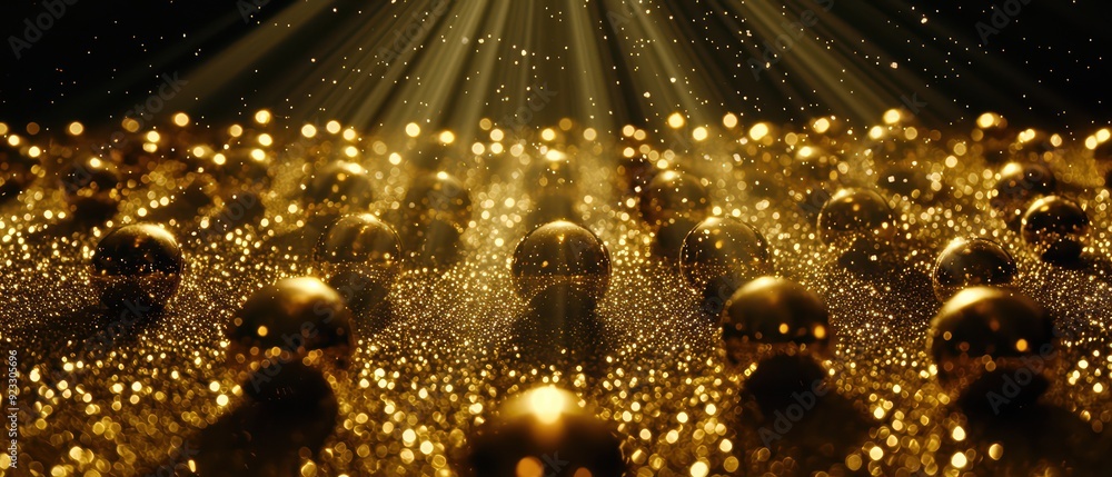 Poster a stunning visual of golden spheres illuminated by rays of light, creating a magical, sparkling atmo