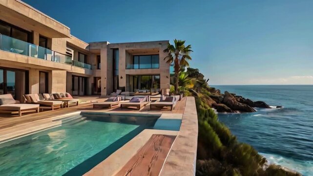 Billionaire luxury house on an island, beach resort duplex hotel with swimming pool by the sea with palm and coconut tree sofas Generative AI