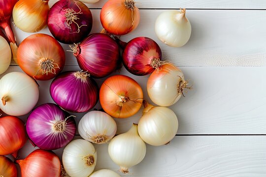 Top view of assorted colorful onions on white wooden background, including red, white, and golden onions, perfect for culinary uses and healthy eating.