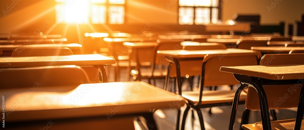 Poster a sunlit classroom with empty desks creating a warm and inviting atmosphere for learning and educati