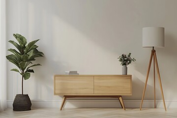 Interior mock up living room with cabinet for TV or place object in modern living room with lamp, table, flower, and plant.