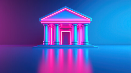 3D rendering illustration of glowing neon pink and blue classic ancient Greek temple with columns isolated on dark background.