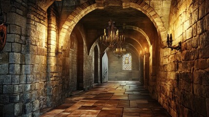 Mysterious Stone Hallway with Chandelier