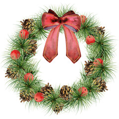 Pine, fir tree, spruce branches, cones, ribbon bow. Watercolor hand drawn illustration, wreath frame isolated on white. Xmas, happy new year festive, noel navidad holiday. Cards, gifts, florist shop.