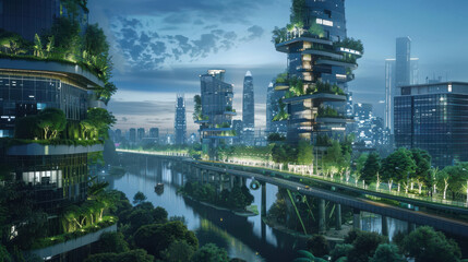 A concept of a smart city with interconnected infrastructure, featuring IoT devices and green technology.