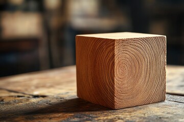 Detailed view of a wooden cube with visible tool marks, showcasing the artisanal process of handcarving, wooden block, handmade texture