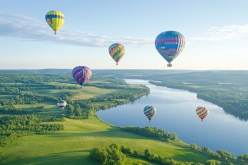 Obraz premium Colorful hot air balloons floating over a lush, green landscape under a clear blue sky, creating a peaceful and picturesque scene.