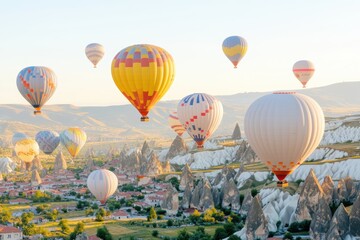 Fototapeta premium Colorful hot air balloons floating over a lush, green landscape under a clear blue sky, creating a peaceful and picturesque scene.