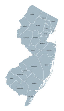 Fototapeta New Jersey, U.S. state, gray political map with borders and county names. State in the Mid-Atlantic and Northeastern region of the United States, subdivided into 21 counties, nicknamed Garden State.