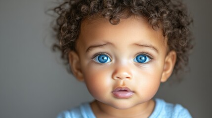 Naklejka premium Close-up portrait of a mixed-race toddler with large blue eyes and curly hair, expressing curiosity and innocence.